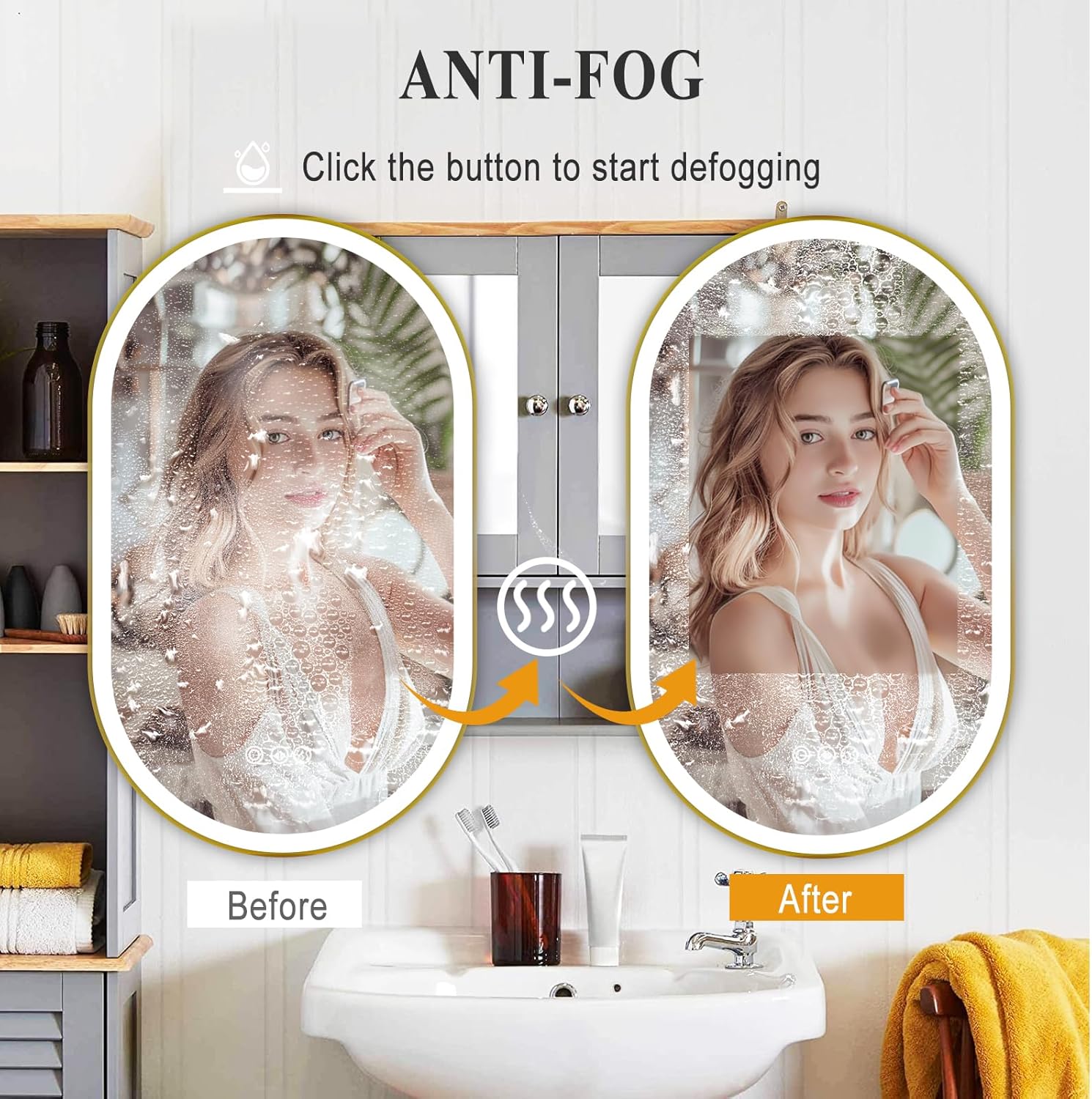 LED Mirror for Bathroom, 24x40 Inch Vanity Mirror with Lights，Anti-Fog Oval Bathroom Mirror, 3 Colors and Stepless Dimmable Wall Mounted Makeup Mirror with Metal Frame