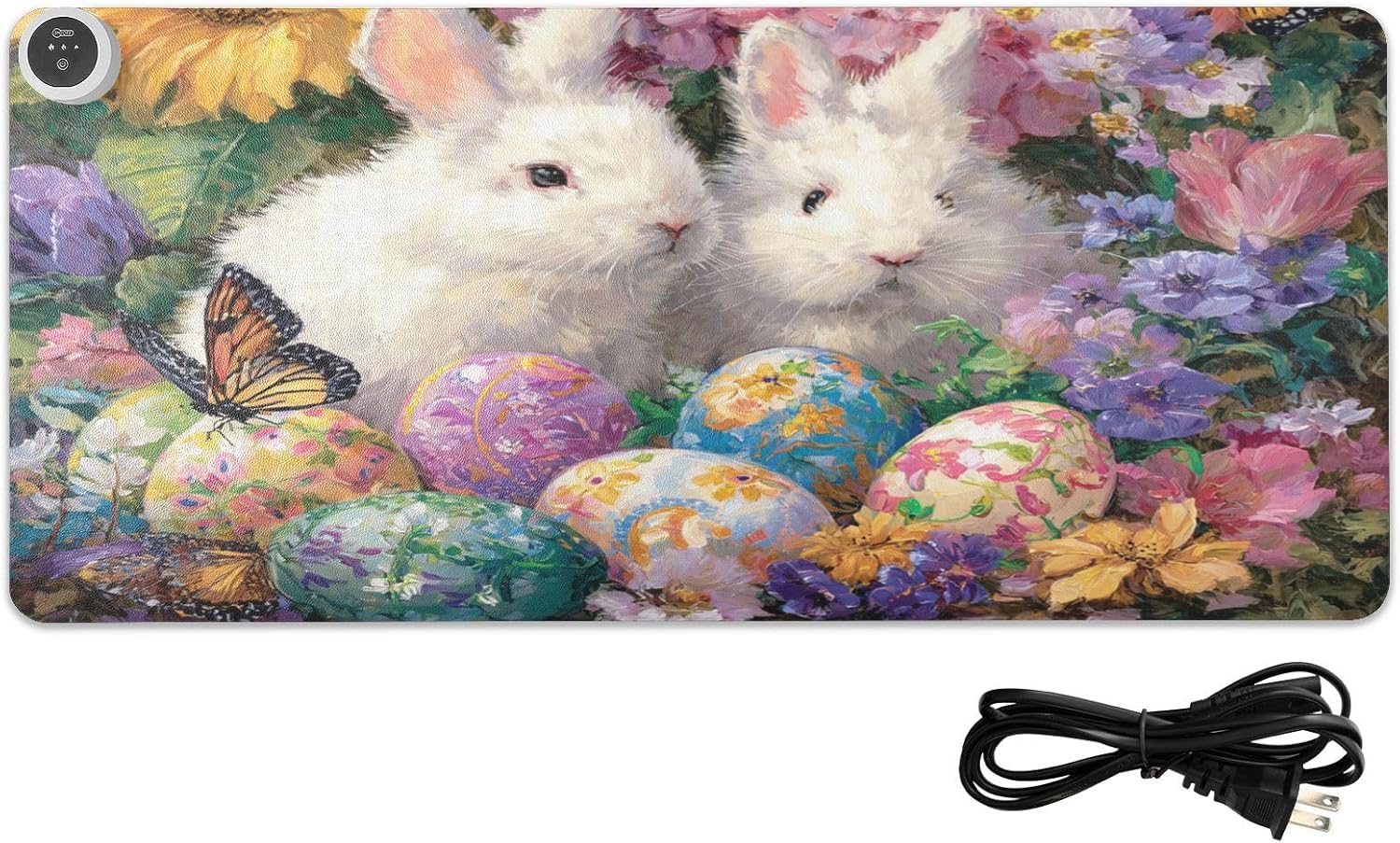 Heated Desk Pad Mouse Pad 31.5x13 Inch PU Leather Desk Mat with 3 Heat Levels Large Mouse Gaming Computer Laptop Mat Easter Bunny Eggs Sunflowers