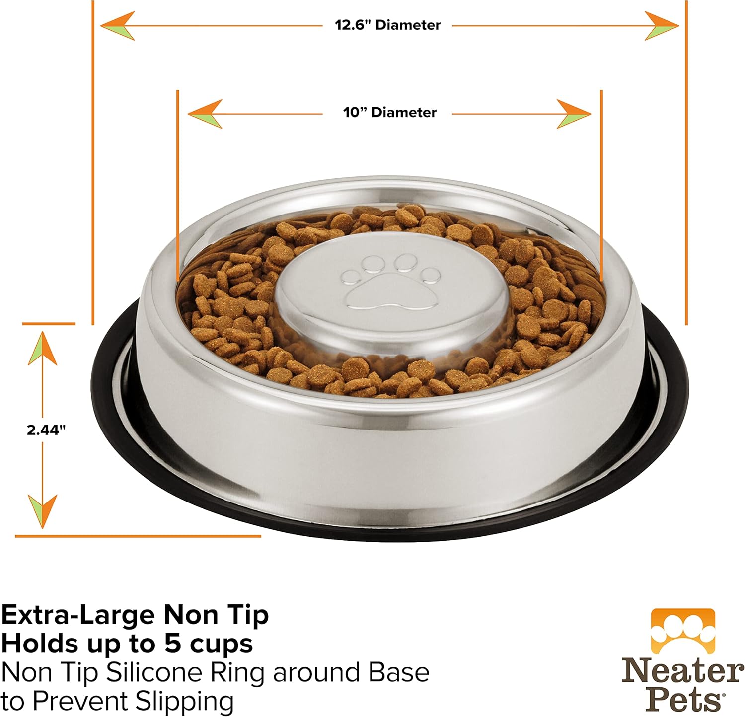 Neater Pet Brands Stainless Steel Slow Feed Bowl - Non-Tip & Non-Skid - Stops Dog Food Gulping, Bloat, Indigestion, and Rapid Eating (5 Cup)