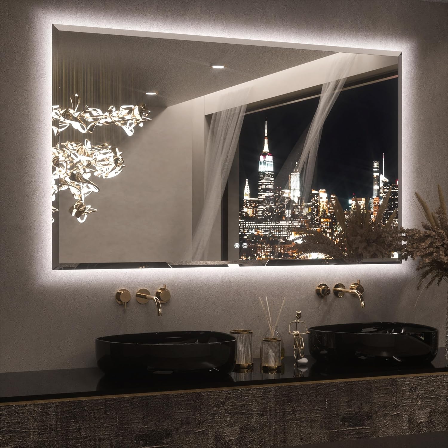 Keonjinn 60 x 36 Inch Oversized Backlit Bathroom Mirror, Large LED Mirror for Bathroom, Decorative Beveled Edge, Tempered Glass, UL-Listed, 3 Color Lights, Defogging, Lighted Wall Mount Vanity Mirror