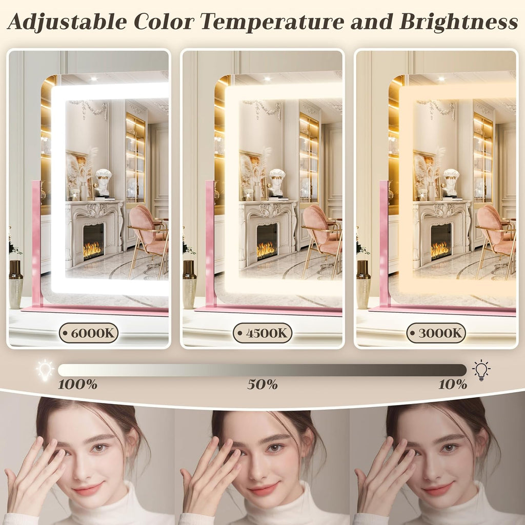 ROLOVE 22x17 Inch Pink Vanity Mirror with Lights，Dimmable LED Lights，3 Color Modes, Smart Touch Control，10X Magnification，Light up Makeup Mirror for Desk, Gift for Teen Girls