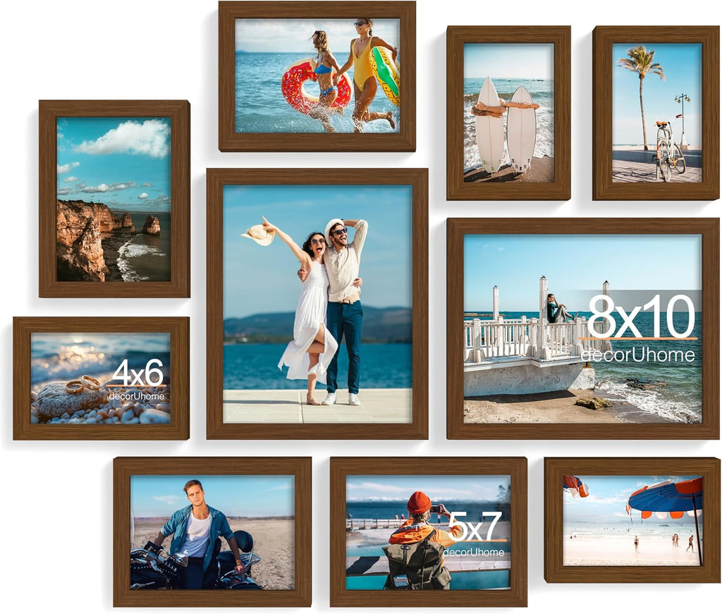 decorUhome Picture Frames Collage Wall Decor for Photo Gallery Display, Assorted Picture Frames set of 10 Including Two 8x10 / Four 5x7 / Four 4x6 for Family Wall Decor, Brown, 10 Pack