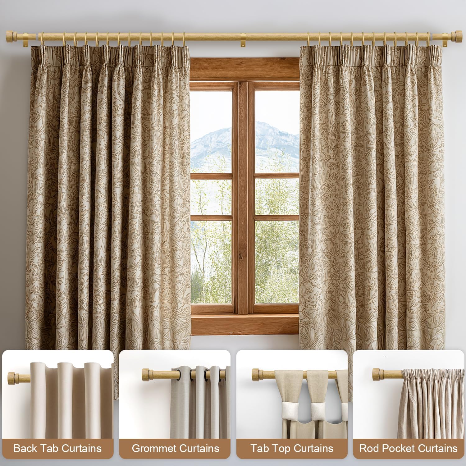 2 Pack Natural Light Wood Grain Curtain Rods for Windows 72 to 144 Inches 1" Diameter Heavy Duty Window Curtain Rod Adjustable with Solid Finials for Living Room Bedroom Kitchen Farmhouse Outdoor