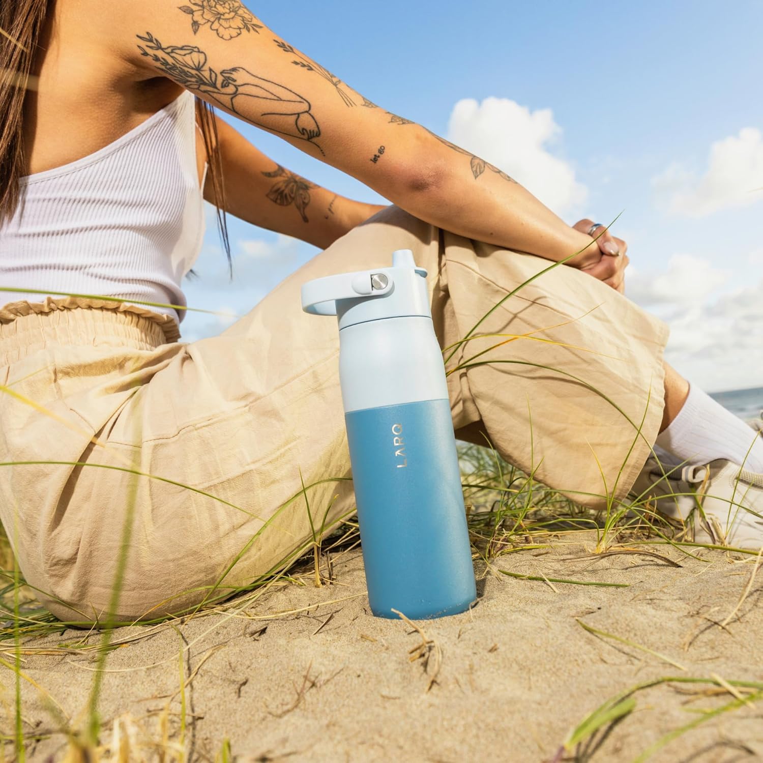 LARQ Bottle Swig Top 34oz - Insulated Reusable Stainless Steel Water Bottle With Built-In Silicone Handle | BPA Free | For Sports, Gym, and Travel | Amalfi Blue