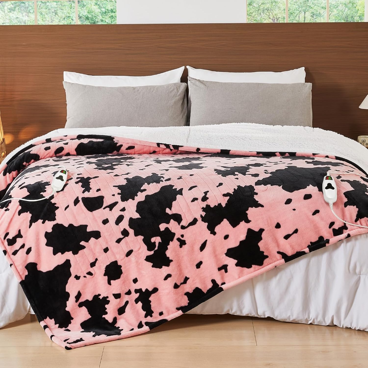 Cow Print Electric Heated Blanket Queen Size,84X90 Light Pink Heating Blanket Queen with Dual Control&Timer&10 Heat Levels,Highland Cow Decor Sherpa Blankets Warmer Gifts for Bed Women Adults