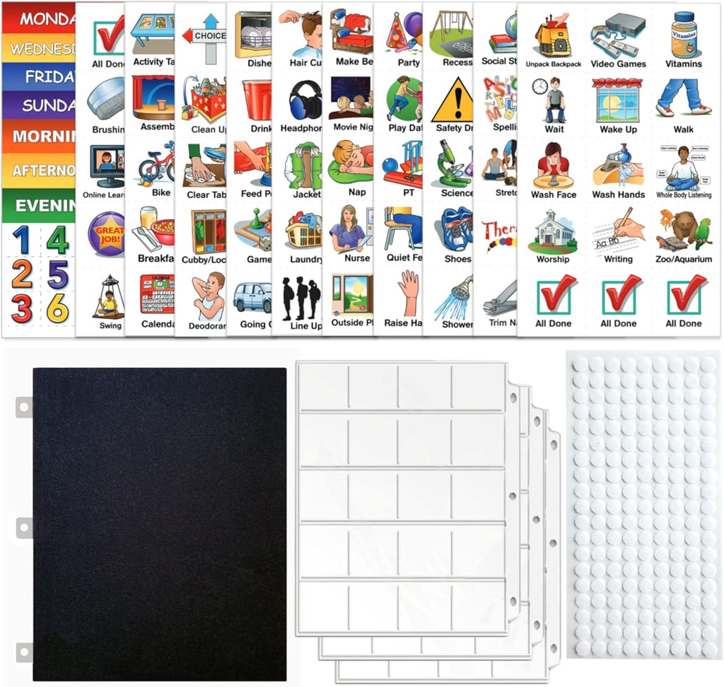 SchKIDules V-KIt - Portable, Binder-Ready Visual Schedule for Kids w/8.5x11" Backboard & 150 laminated Icons plus 21 Headings
