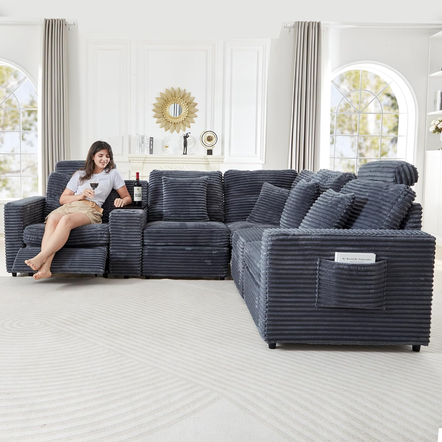 LEVNARY Modular Sofa Armrest Set of 2 with Side Storage Pockets, Faux Rabbit Fur Upholstered Arm Panels, Compatible with Modular Recliner System (Gray)