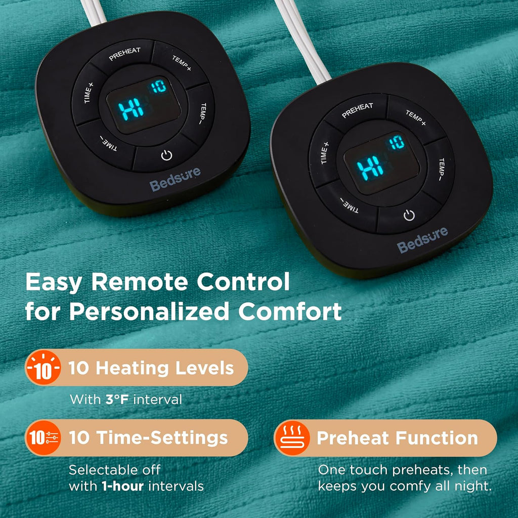 Bedsure Electric Blanket King Size - Dual Control Heated Blanket King Size, Fast Heating with 10 Time Settings & 10 Heat Settings, Warm Gifts for Women Grandma (100x90 inches, Teal)