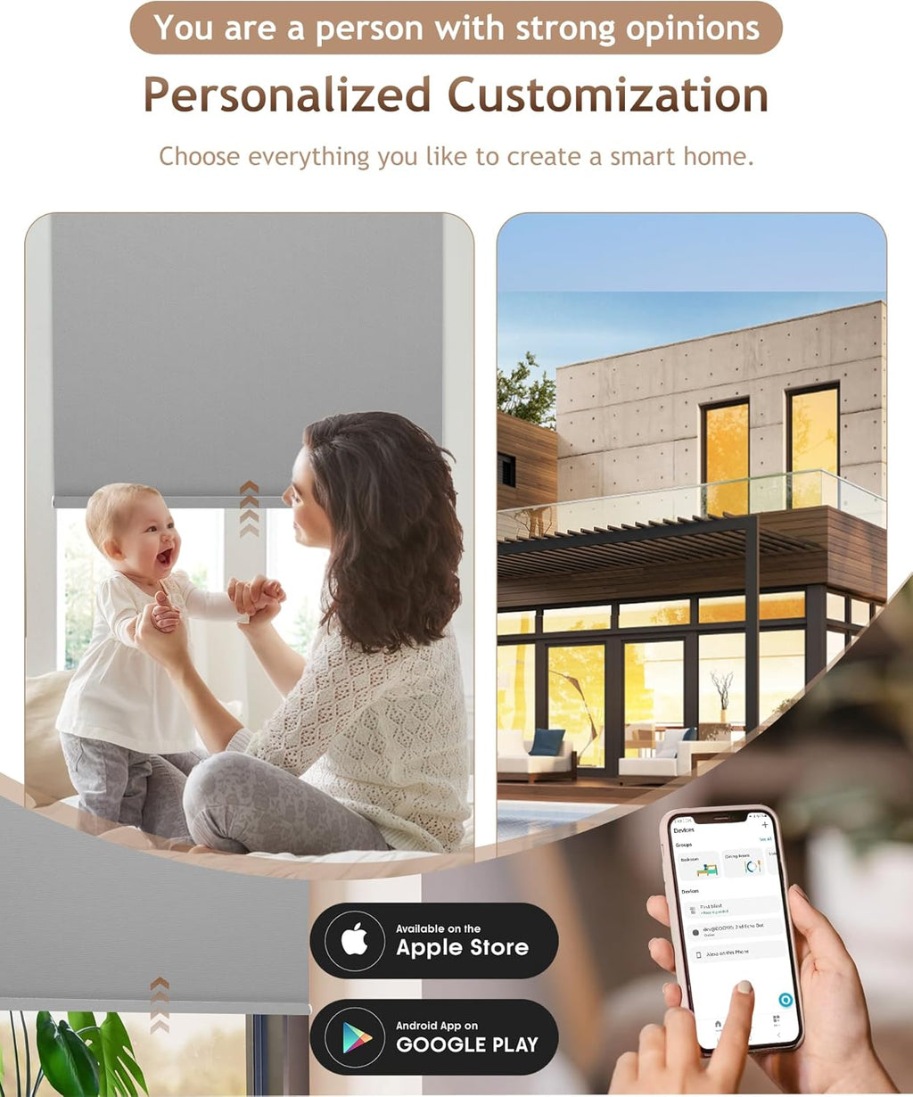 Kincmo Motorized Blinds with Remote,100% Blackout Motorized Roller Shades Work with Apple Homekit,Alexa,Google, Custom Electric Blinds with App,Voice Control (Pure Grey)