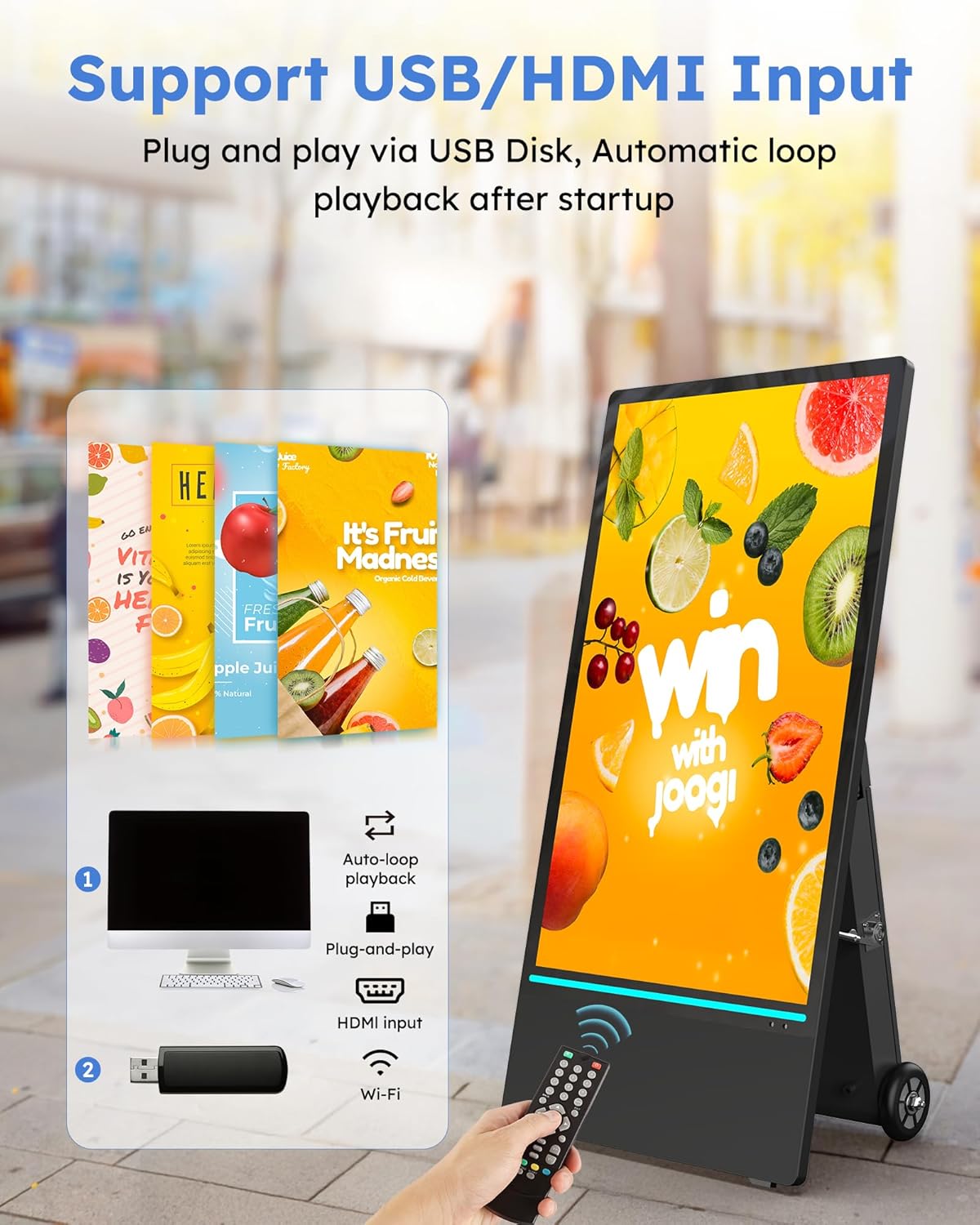 HARZHI 43 Inch Outdoor Digital Signage Display, Portable Powered High Brightness Screen Advertising Display Kiosk, Movable Waterproof Standing Poster, Business Helper, Android OS MWE