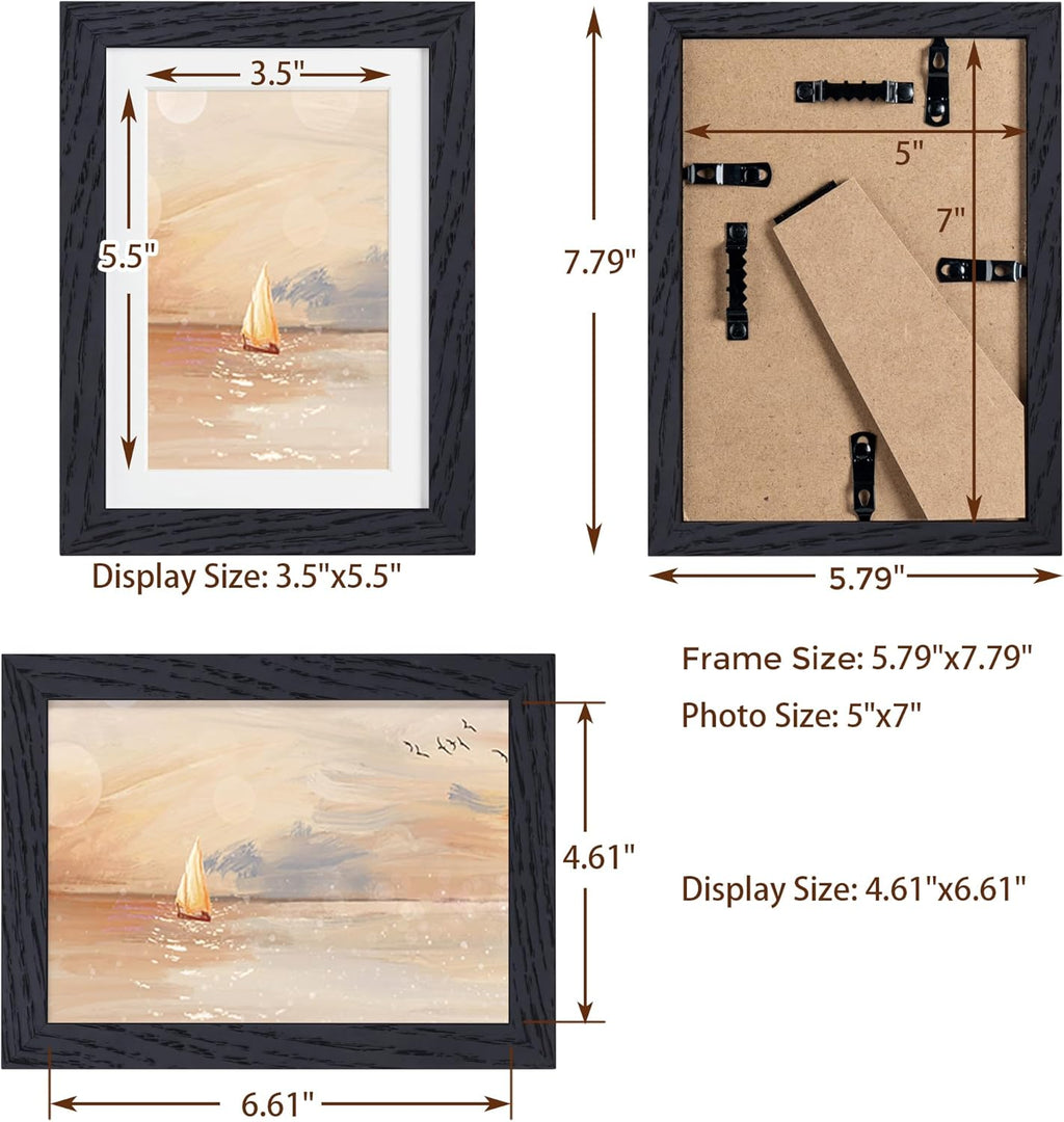 5x7 Picture Frame, Solid Oak Wood 5 x 7 Frame with Plexiglass, 5 by 7 Photo Frame for Wall & Tabletop Display, 5x7 Picture Frame Matted to 4x6, Black Color, 3 Pack
