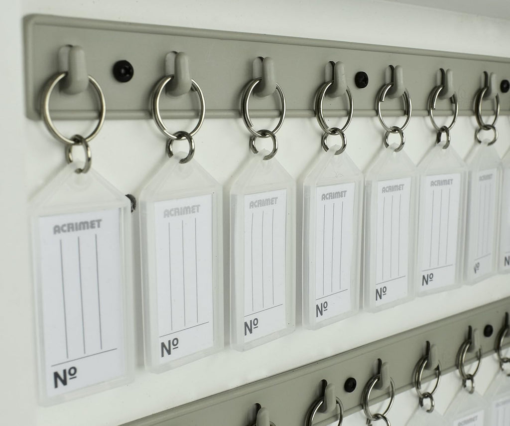 Acrimet 24-Key Cabinet with Lock, Wall Mount Wooden Key Organizer, Security Key Storage Box (24 Positions) with Numbered Hooks & Crystal Key Tags – Commercial & Home Use (White)
