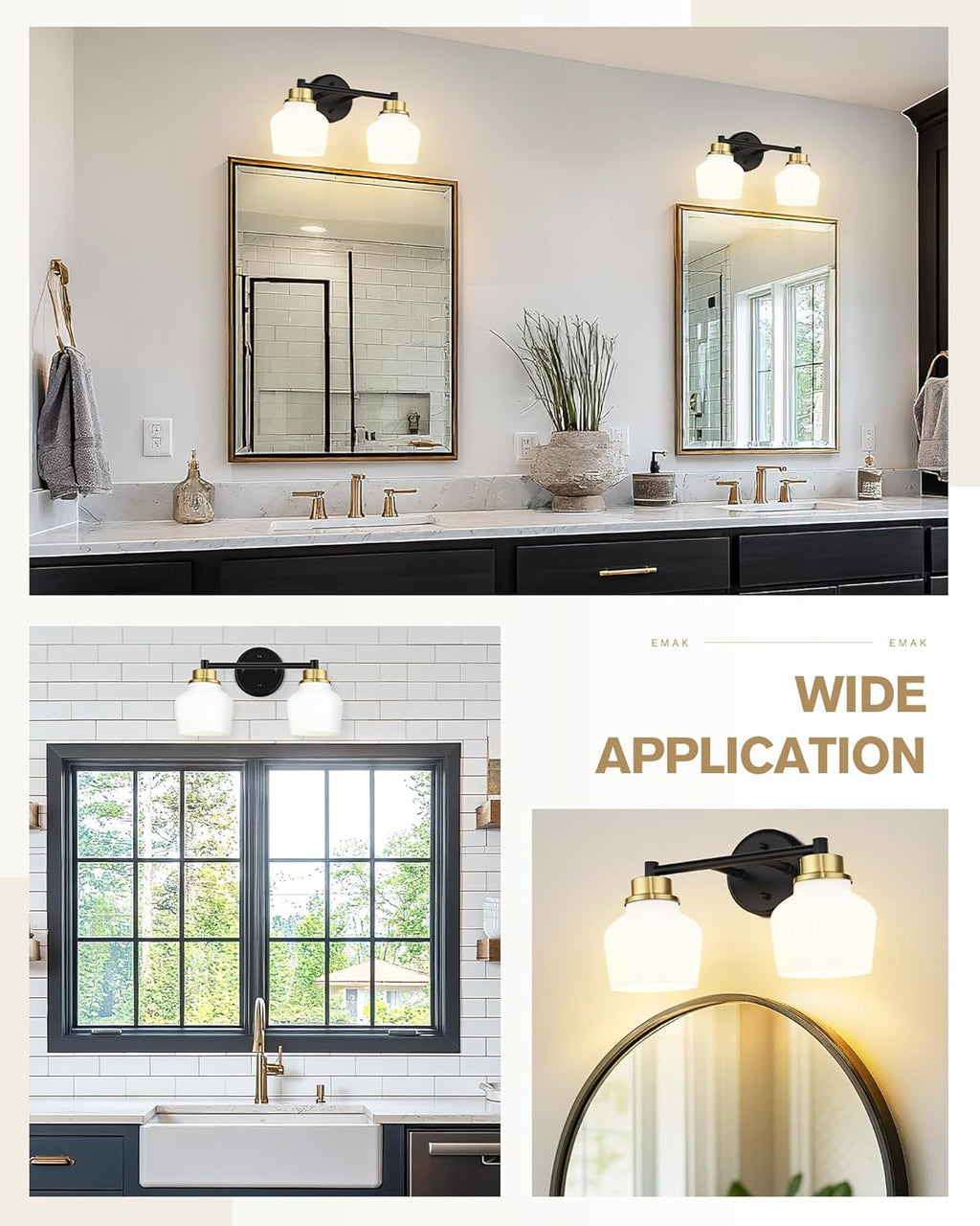 Emak Black and Gold Bathroom Light Fixtures Over Mirror, 2-Light Bathroom Vanity Light with Milk Glass Shade, Modern Farmhouse Vanity Lights for Bath,Mirror, VL122-BKBGD-ML-2