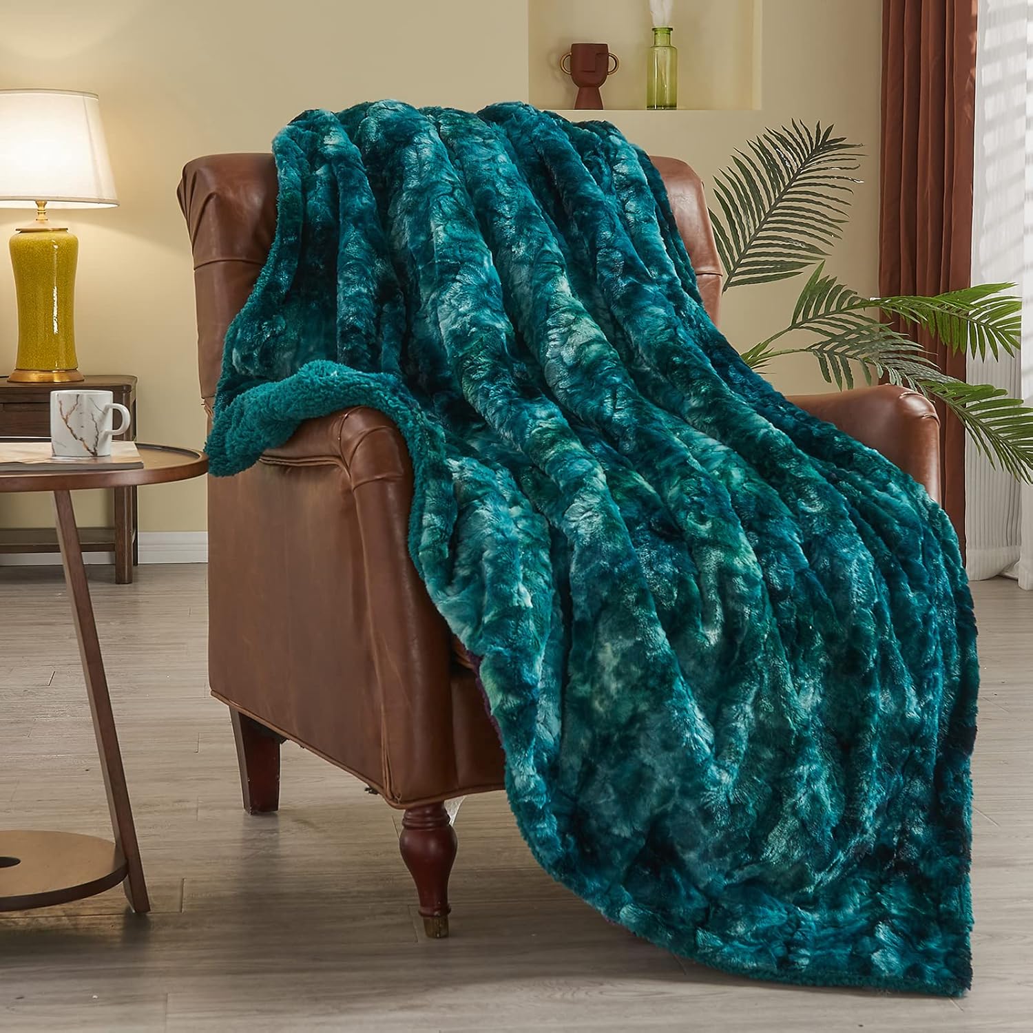 NEWCOSPLAY Super Soft Faux Fur Throw Blanket for Couch Tie-dye Dark Teal Sherpa Fuzzy Plush Warm Blanket for Sofa Bed (Tie-dye Dark Teal, Throw(40"x50"))