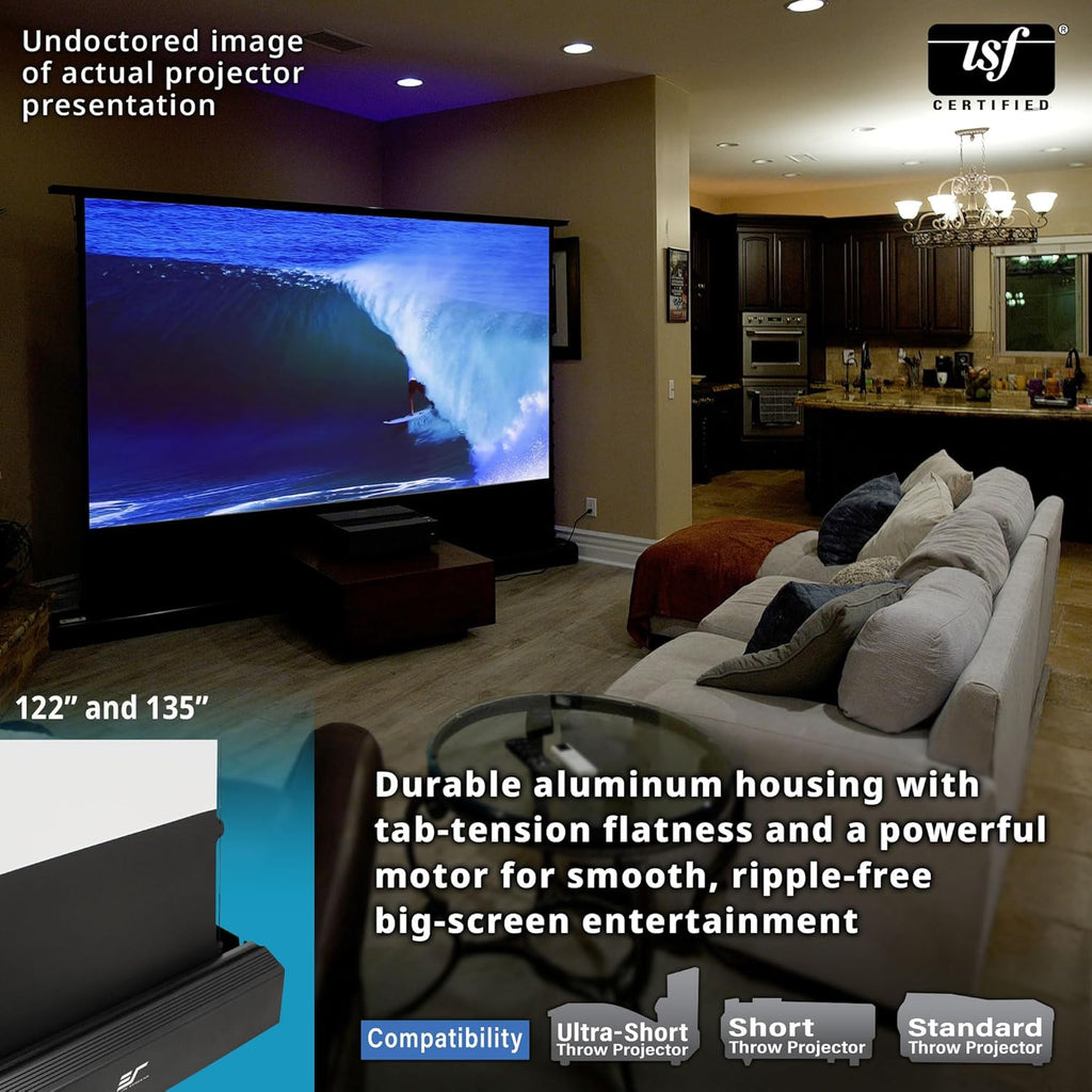 Elite Screens Kestrel Tab-Tension 3 CineWhite, 122 inch 16:9 Aspect Ratio, ISF Certified, Electric Floor-Rising Motorized Tab-Tensioned Front Projector Screen, Programmed Remote Kit, FTE122H3
