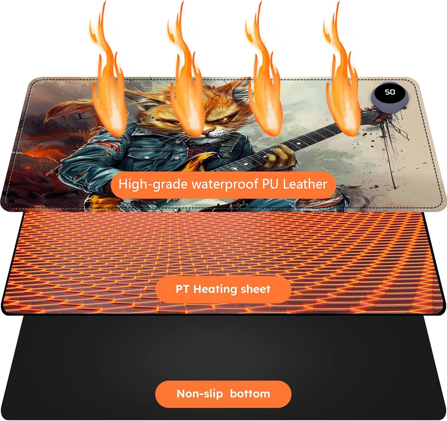 Heated Mouse Pad with 3 Levels Heated & 3 Hours Auto Shut-Off Mouse Pad for Warming Hands in Office Home, 31.5" x 13"Large Safe Desk Mat Hand Warmer，Cat Playing Guitar
