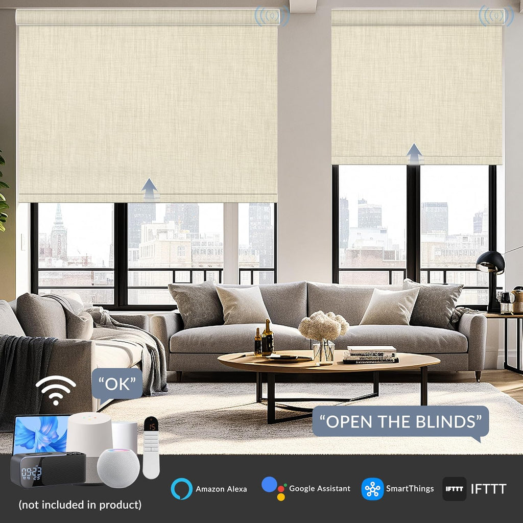 Boolegon Motorized Roller Blinds - 100% Blackout Smart Electric Shades with Remote, Compatible with Alexa/Google Home/HomeKit via Hub, Easy Install for Home Office, Beige, Custom Size.