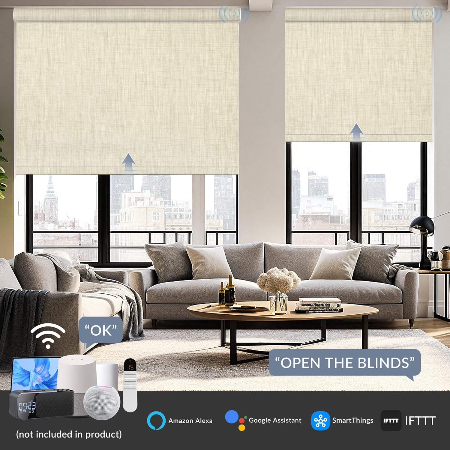 Boolegon Motorized Roller Blinds - 100% Blackout Smart Electric Shades with Remote, Compatible with Alexa/Google Home/HomeKit via Hub, Easy Install for Home Office, Beige, Custom Size.
