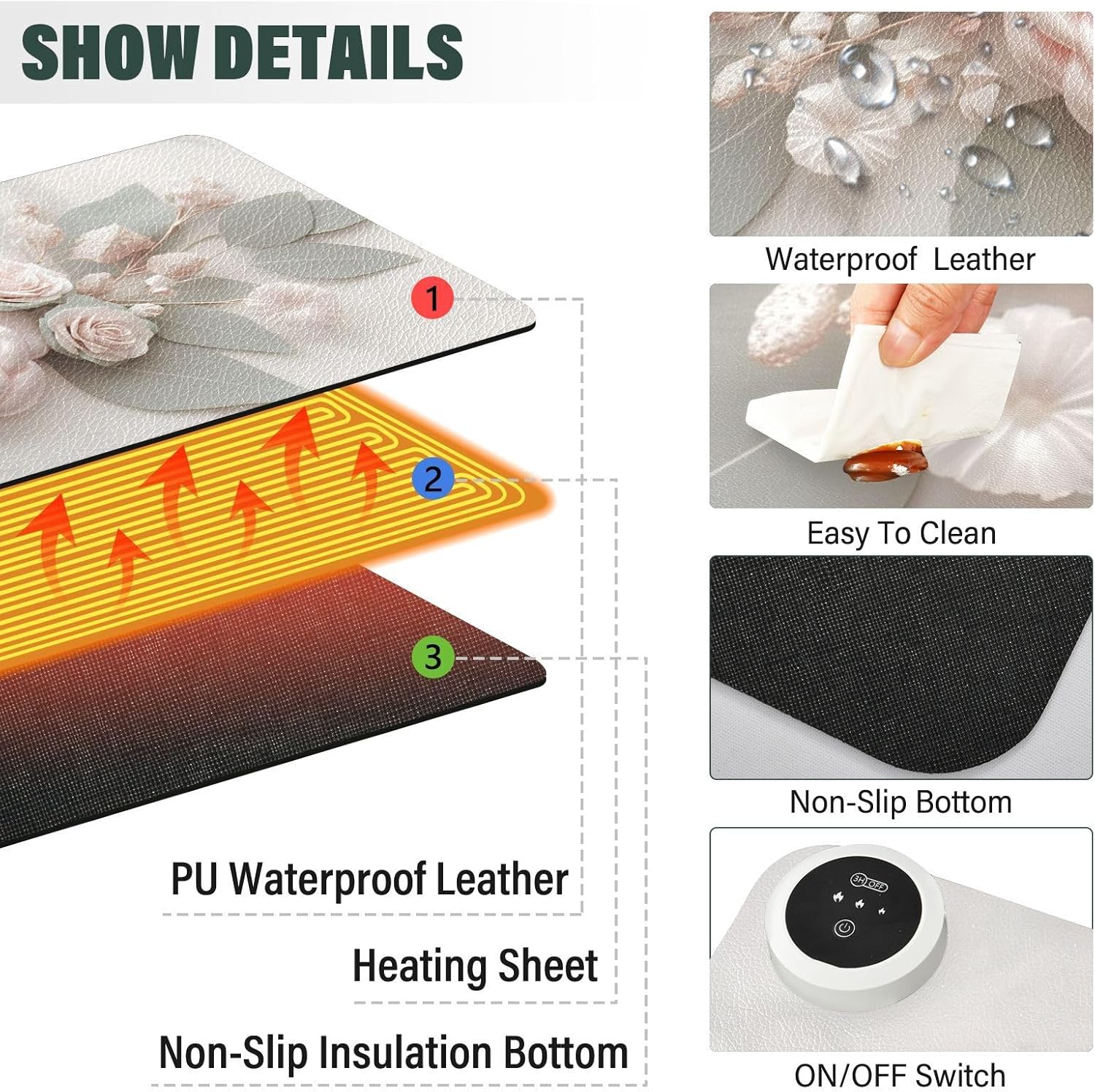 Large Heated Mouse Pad,Leather Desk Mat,31.5"x13",Hand Warmer Pads for Desk,Rose(Cream)