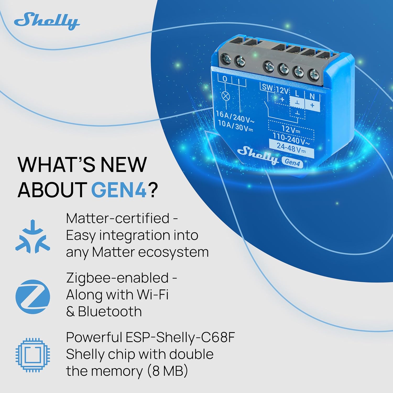 Shelly 1 Gen4 | Wi-Fi, Zigbee & Matter Smart Relay Switch with Dry Contacts, 1-Channel 16A | Home Automation | Alexa, SmartThings, Google Home, Apple HomeKit Compatible | Garage Door Opener