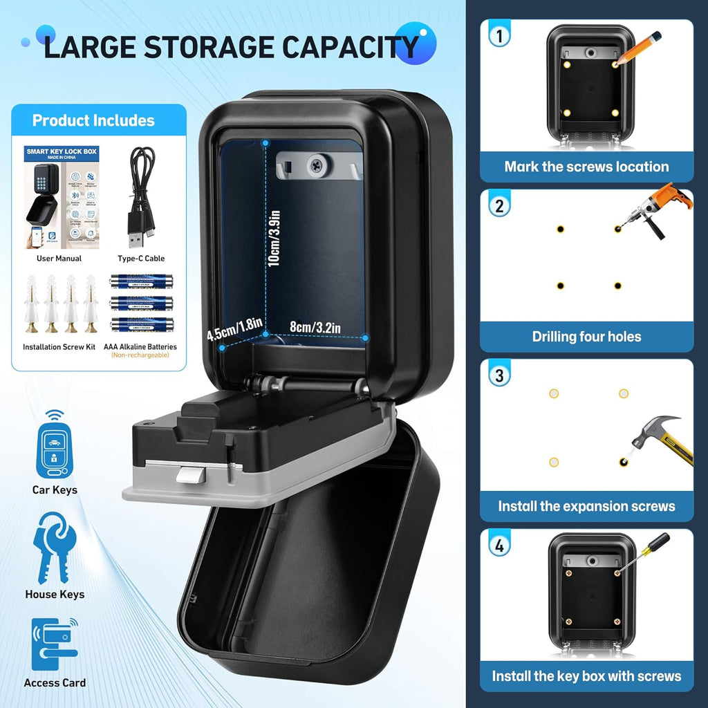 HUANLANG Smart Key Lock Box - Bluetooth Electronic Lock Box for Keys, Wall Mount Digital Key Storage with App Control & PIN Code Types, IP65 Waterproof lockbox for Home, Airbnb, Realtor and Office