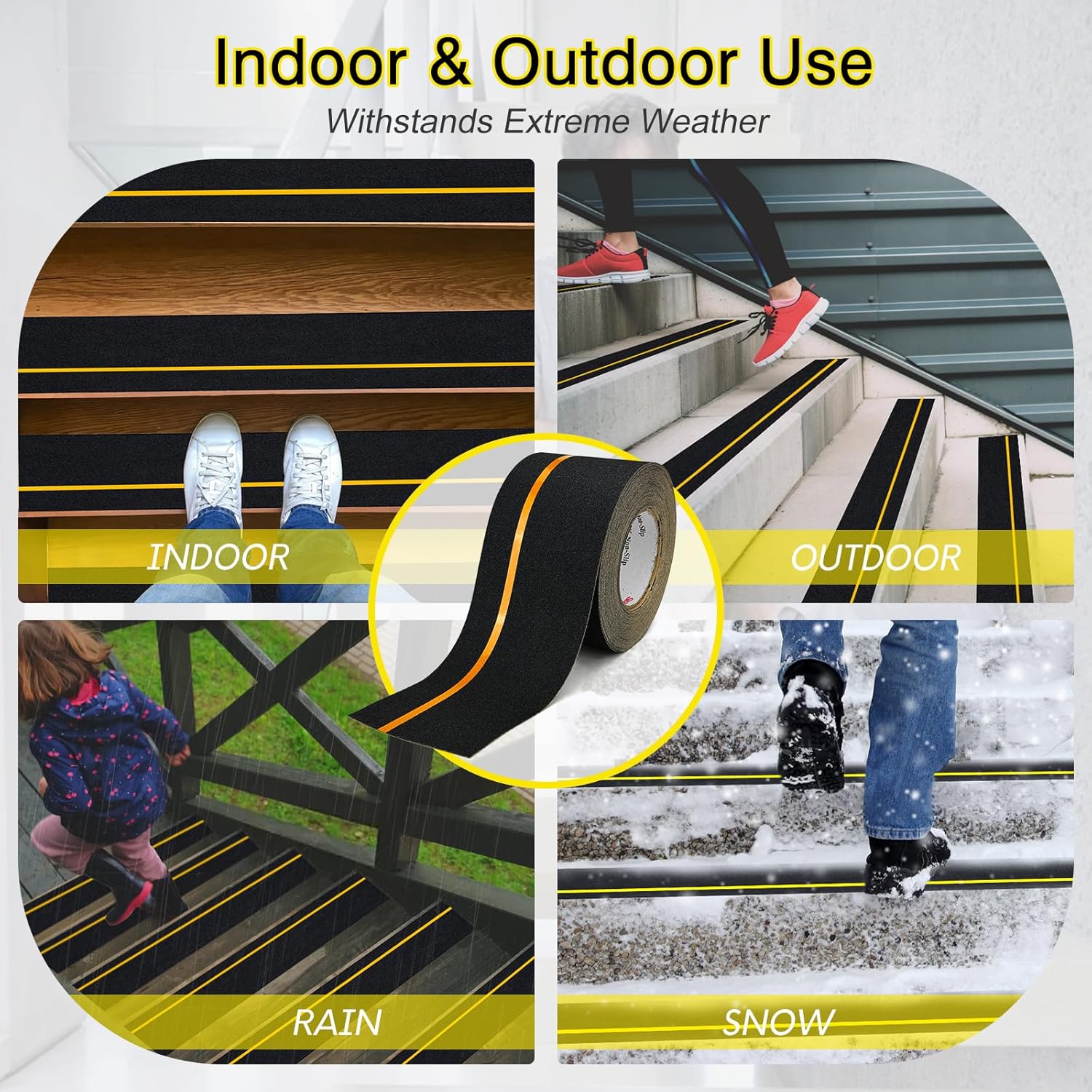 S&X Grip Tape for Stairs 4 Inch x 60 Ft, 2X Longer Heavy Duty Anti Slip Traction Tape with Reflective Strip, Outdoor Non Slip Stair Tread Non-Skid Safety Tape, Long-Lasting
