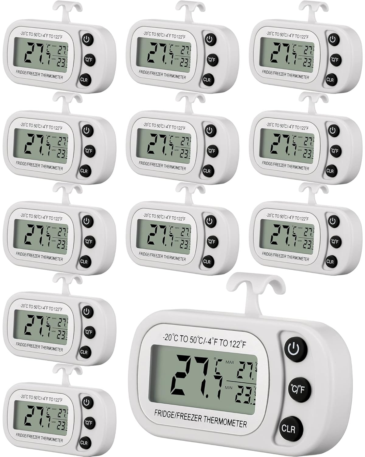 Frienda 12 Pack White Digital Fridge Thermometer Waterproof Refrigerator and Freezer Room Max/min Record Function LCD Screen Refrigerator Thermometer with Hook and Magnetic Back for Home