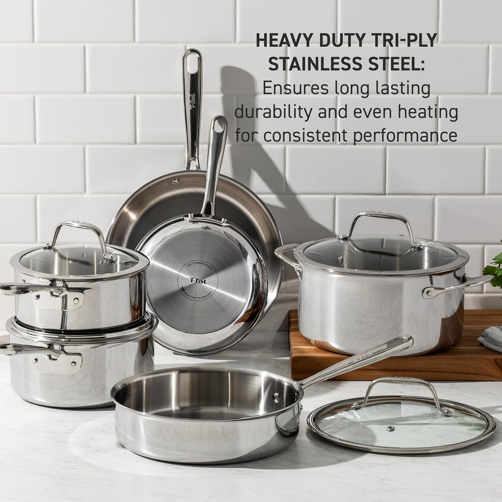 T-Fal Pro Tri-Ply Stainless Steel Cookware Set, 10 Piece-Induction Compatible, Oven Safe 500F, Lids-350F, Even Heat, Professional Quality, Durable, Induction Pots and Pans Set, Silver