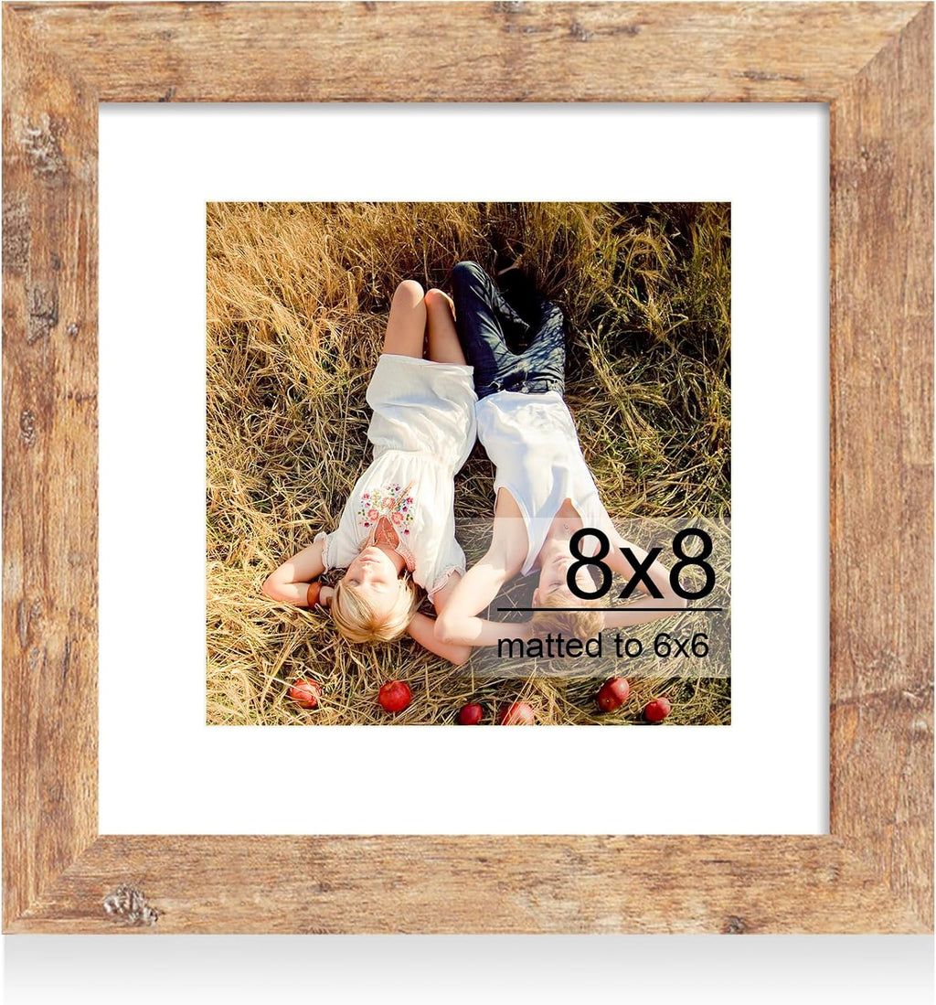 iRahmen 8x8 Picture Frame with HD Tempered Glass, Display Pictures 6x6 with Mat or 8 x 8 Without Mat, Wood Photo Frame for Tabletop and Wall (Rustic Brown, 1 Pack)