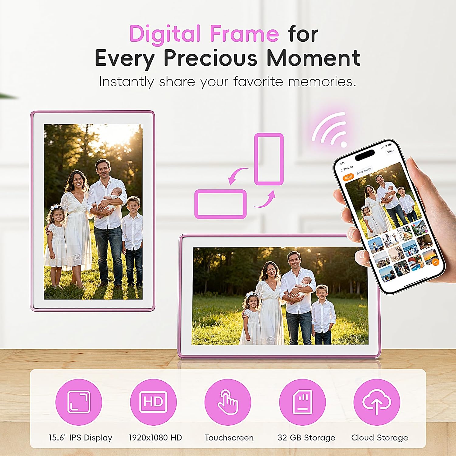 Westsee 15.6" Digital Wall Calendar Frame – Interactive Touchscreen Eletronic Calendars, Smart Family Planner for Schedule, Photo Display, Meals, Chore Chart & Tasks, Wall & Desk Mountable (Pink)