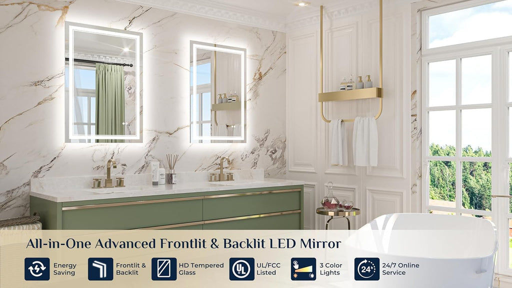 Keonjinn LED Mirror for Bathroom, 36 x 24 Inch, Wall Mounted, Dimmable, Anti-Fog, IP54 Waterproof, 3 Year Warranty