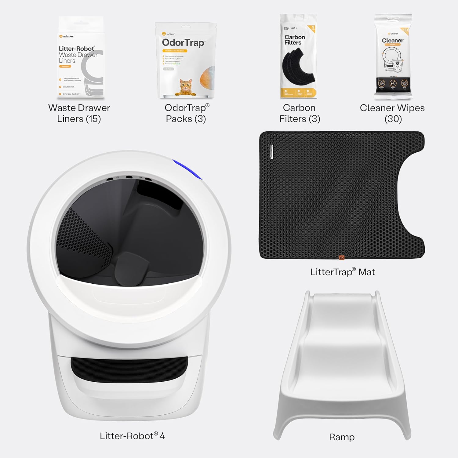Litter-Robot 4 Supply & Accessory Bundle by Whisker, White- Automatic Self-Cleaning Cat Litter Box, Includes Litter-Robot 4, Ramp, Mat, 3 OdorTrap Packs, 10 Liners, 30 Wipes, & 2 Carbon Filters