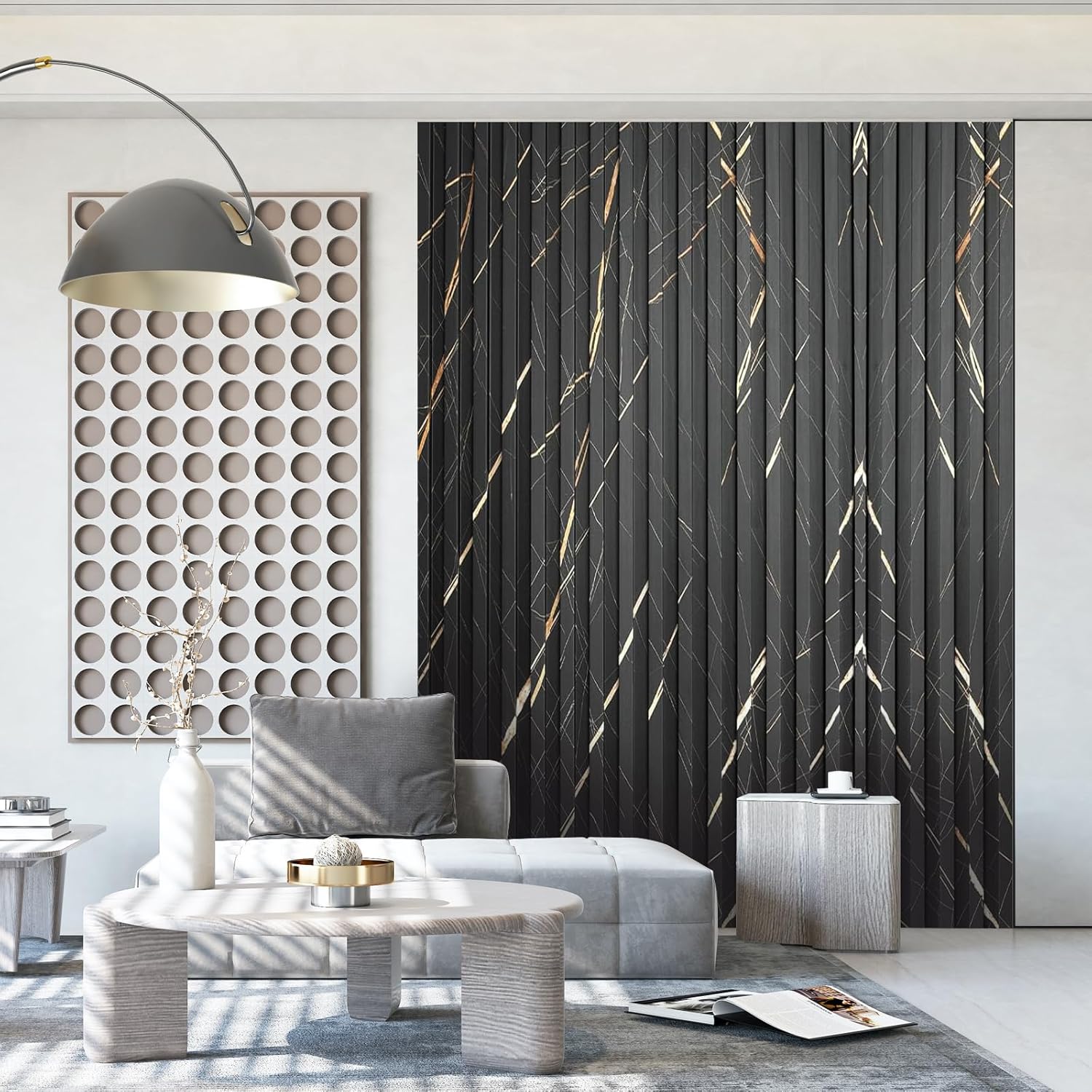 OUZUGIE WPC Acoustic Slat Wall Paneling, 8-Pack 114 x 6 Inches 3D Wall Panels for Interior Wall Decor,Living Room,TV Background,Study Room,Office Spaces,Bedroom,Low Grille (Black Marble)
