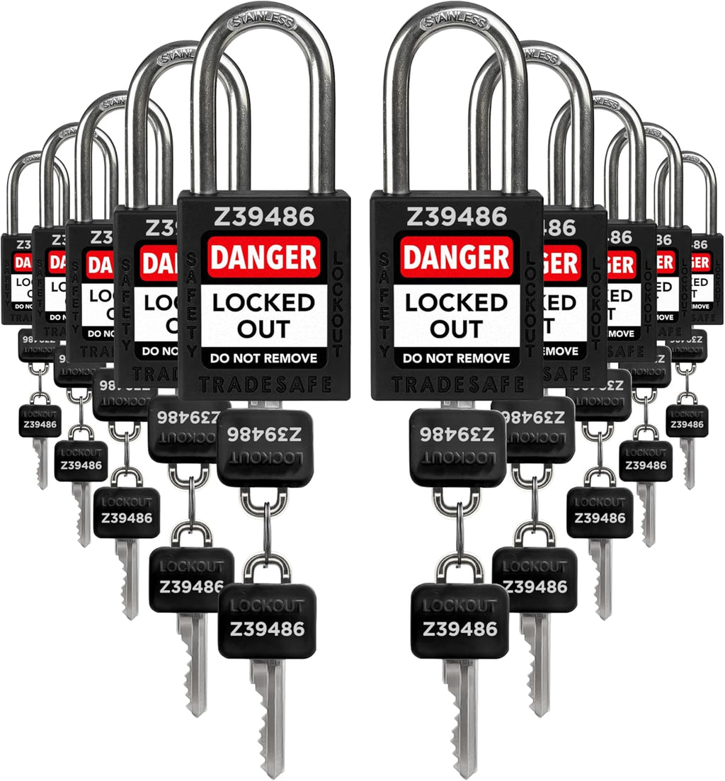 TRADESAFE Lockout Tagout Lock Sets, 10 Black Keyed Alike Safety Padlocks, 2 Keys Per Lock, OSHA Compliant Loto Locks, for Lockout Tag Out Stations - Premium Grade