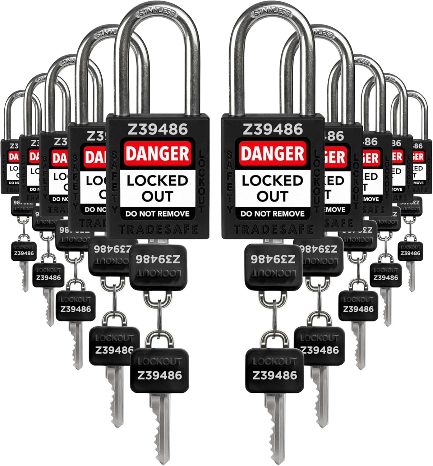 TRADESAFE Lockout Tagout Lock Sets, 10 Black Keyed Alike Safety Padlocks, 2 Keys Per Lock, OSHA Compliant Loto Locks, for Lockout Tag Out Stations - Premium Grade