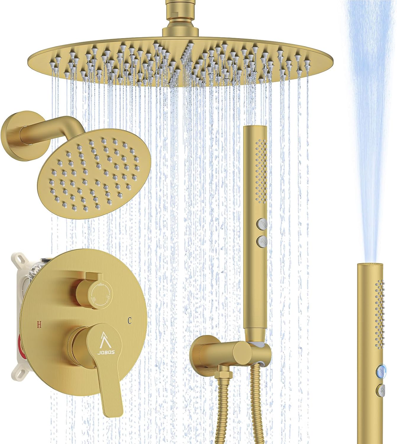 Shower System Shower Faucet Set Rainfall Shower Set with Valve 12+6" Dual Rain Shower Head with Handheld Ceiling Mount Wall Mount Shower Head Shower System, Brushed Gold