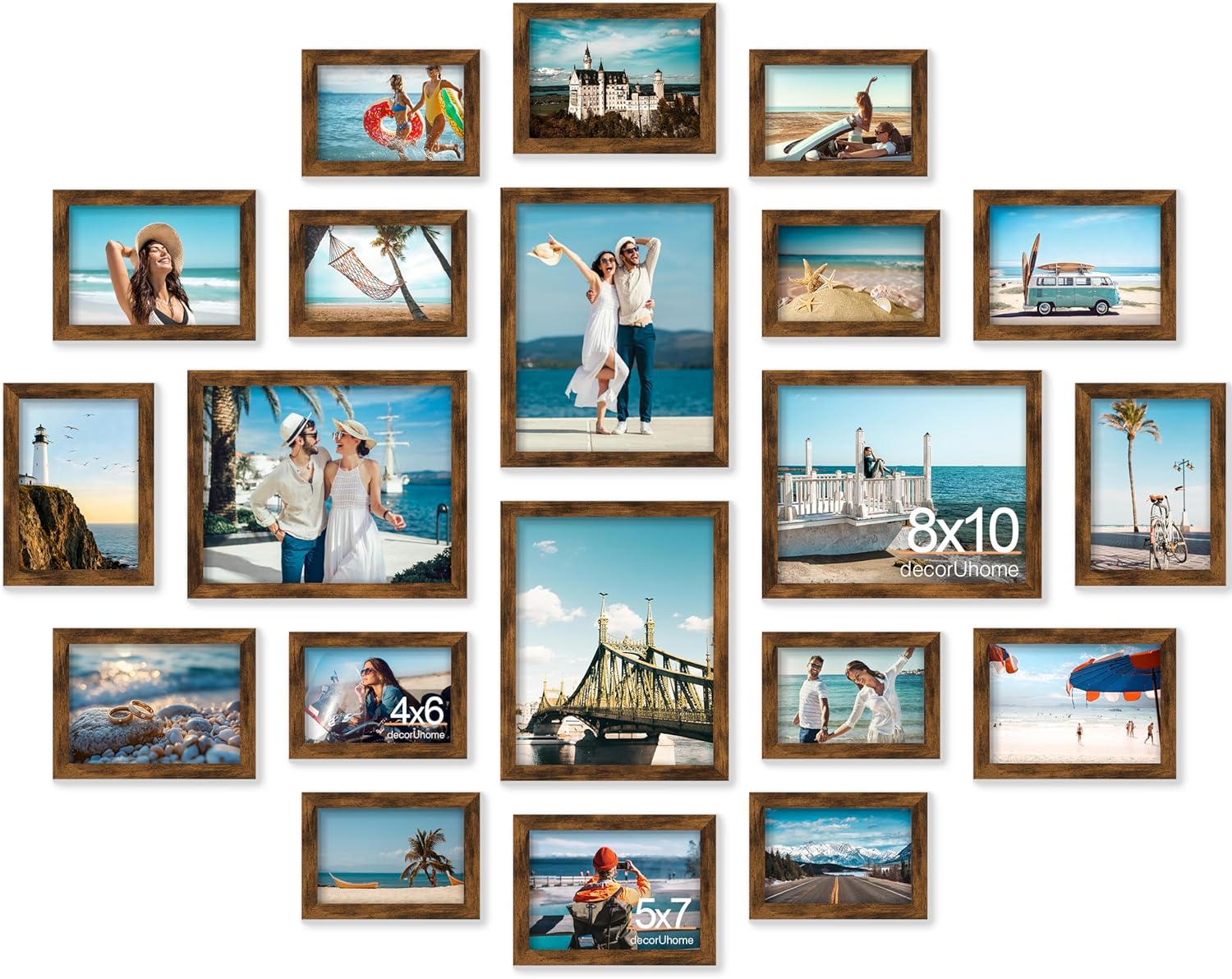 decorUhome Assorted Picture Frames Collage Wall Decor for Photo Gallery Display Set of 20 Including Four 8x10 / Eight 5x7 / Eight 4x6 for Family Wall Decor, Distressed Brown, 20 Pack