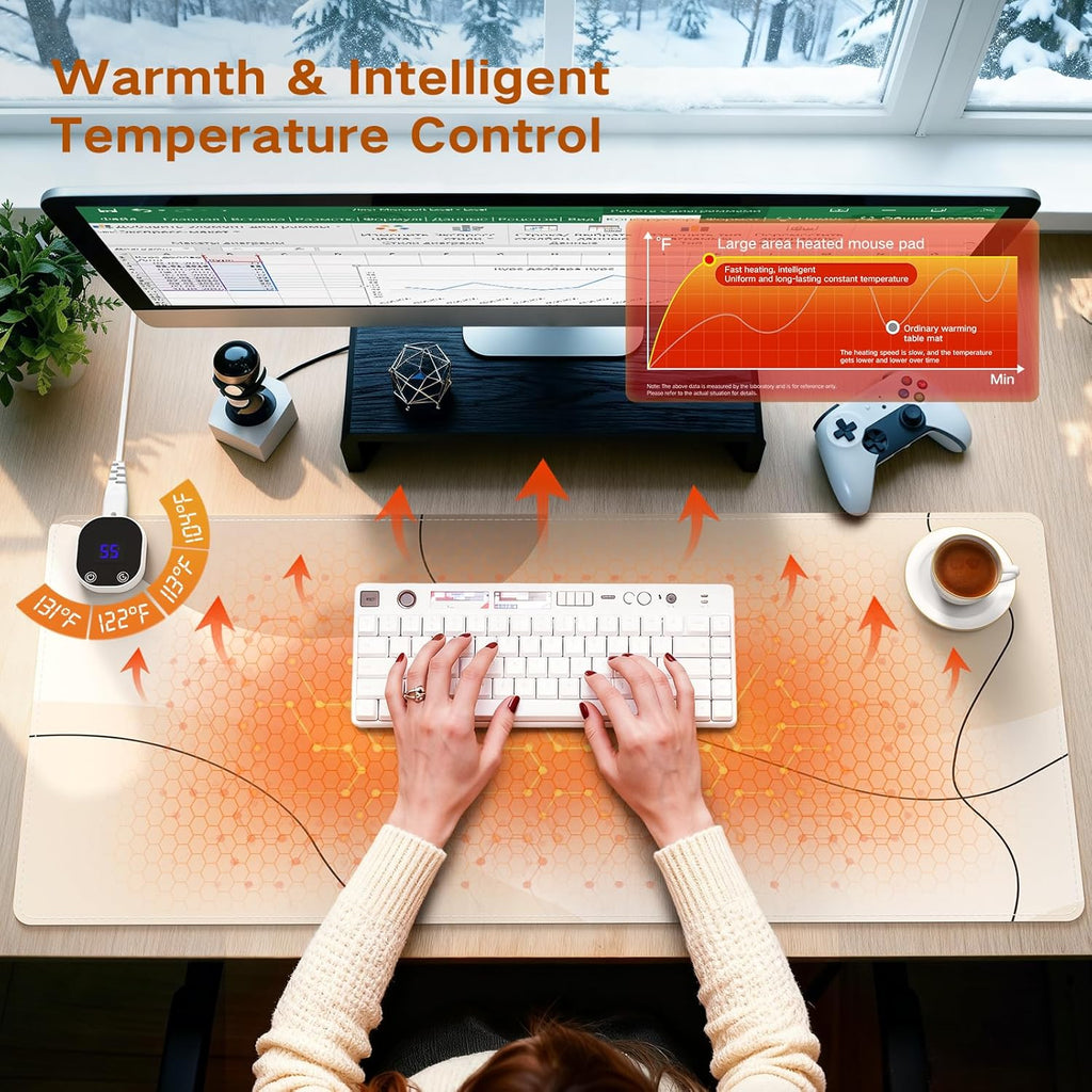 iCasso Heated Mouse Pad Hand Warmer, XL Heated Desk Pad, Electric Warm Desk Mat with 4 Heating Levels for Computer Keyboard, 31.5" x 13" Large Mousepad for Home Office Work (Brown Art)