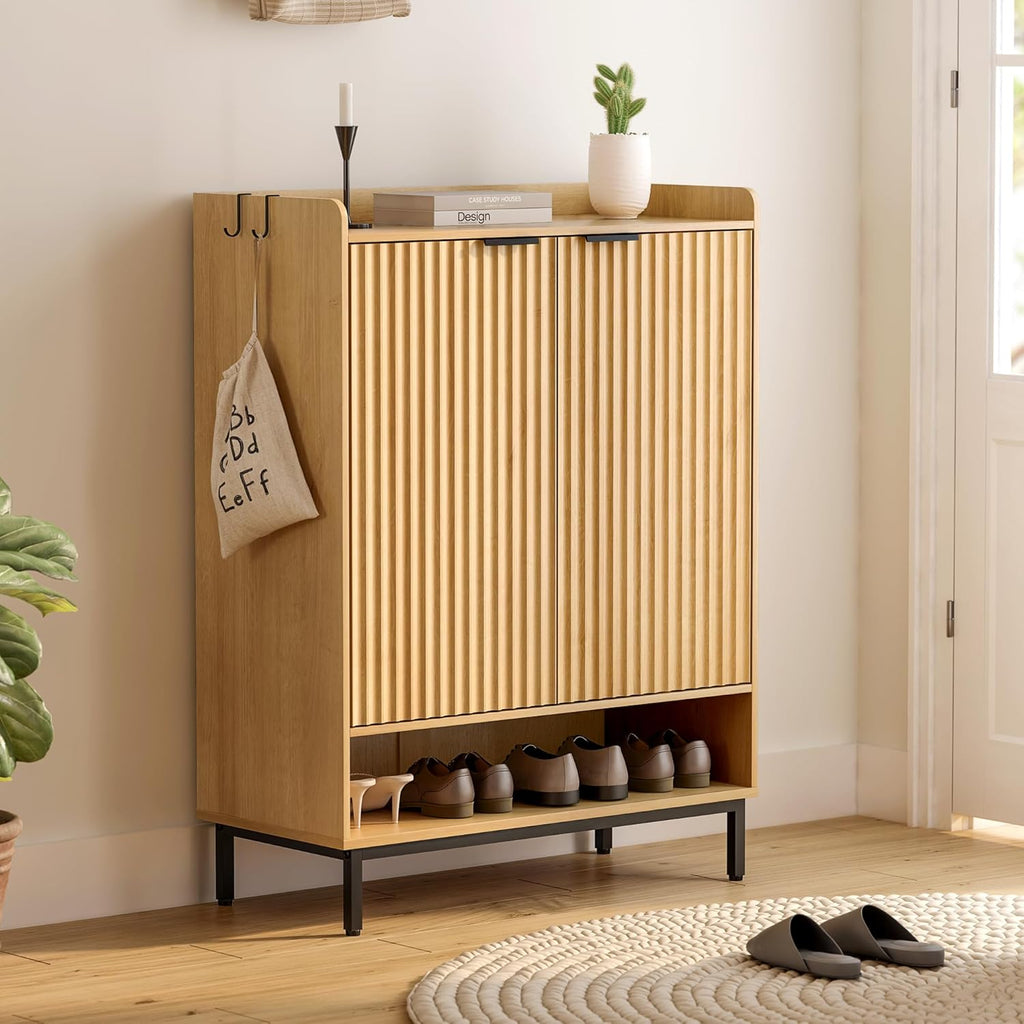 Large Shoe Cabinet with Doors Set of 2, Fluted Wooden Storage with Adjustable Shelves, Hanging Rod Modern Tall Freestanding Shoe Rack Organizer for Entryway, Hallway Natural Oak