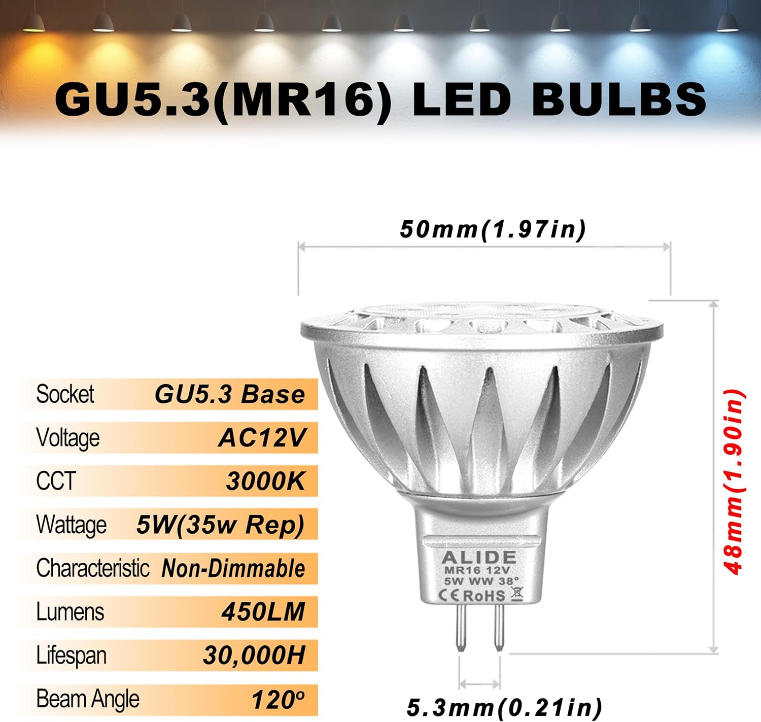 MR16 GU5.3 Led Landscape Bulbs 3000K Warm White 5W, MR16 20W 35W Halogen Replacement,12V Low Voltage Bulb Spotlights for Outdoor Landscape Flood Indoor Track Lighting,Not Dimmable,450lm,38 Deg,6 Pack