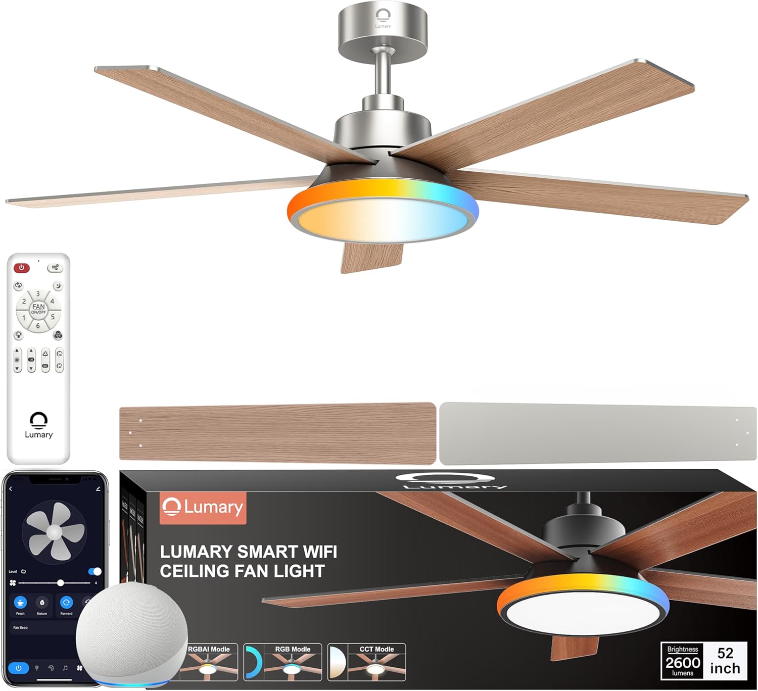 Lumary Smart Ceiling Fan with RGBAI Lights 52'', RGB & Stepless Color Temperature, Work with Alexa/Google/Remote, 46 Scenes, Modern Flush Mount Low Profile Ceiling Fan for Bedroom Kids Room, Silver