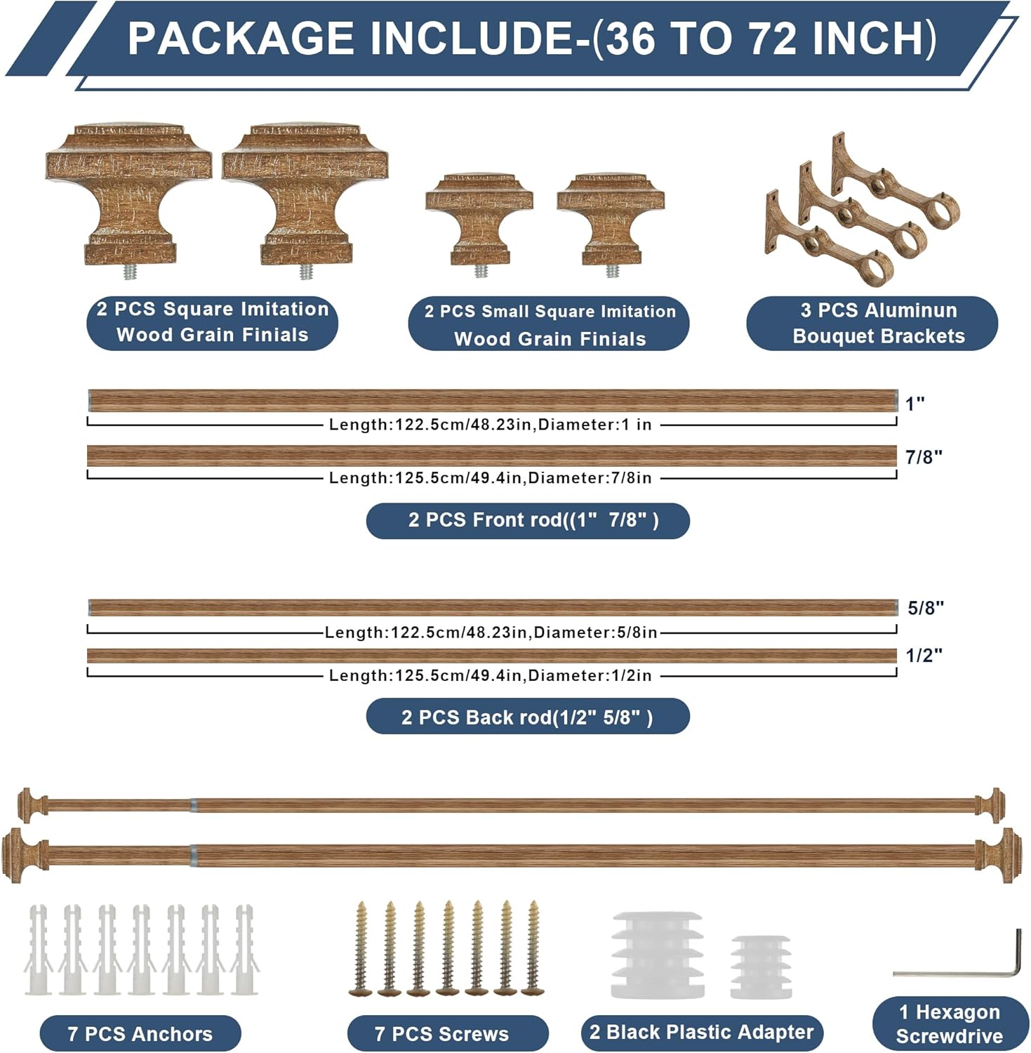 Double Wood Curtain Rods for Windows 36 to 72 Inches,1 Inch Decorative Wooden Curtain Rod with Square Imitation Wood Grain Finials and Double Aluminum Bouquet Bracket, Coffee Brown Wood Grain