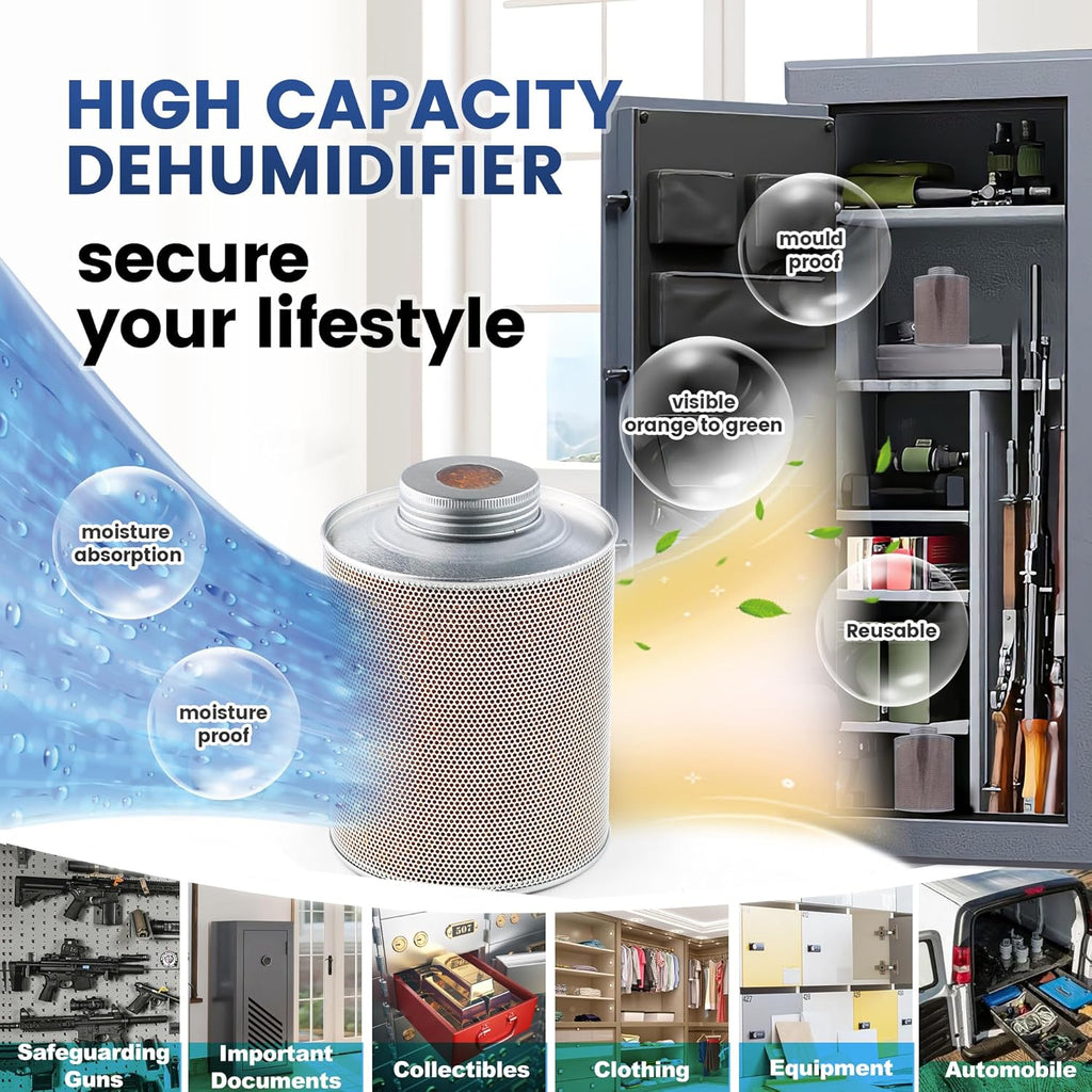 750 Grams 6pcs Gun Safe Dehumidifier, Reusable Canister Desiccant Dehumidifier, Rechargeable 1.65 Lbs Indicating Silica Gel Orange To Green