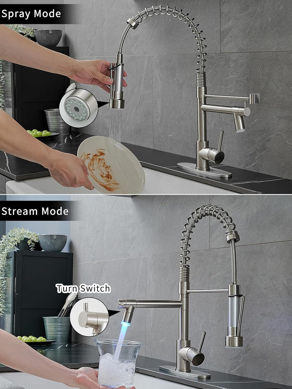 Kitchen Sink Faucet with LED,AIMADI Single Handle Stainless Steel Brushed Nickel Kitchen Faucet with Deck Plate, Grifos De Cocina