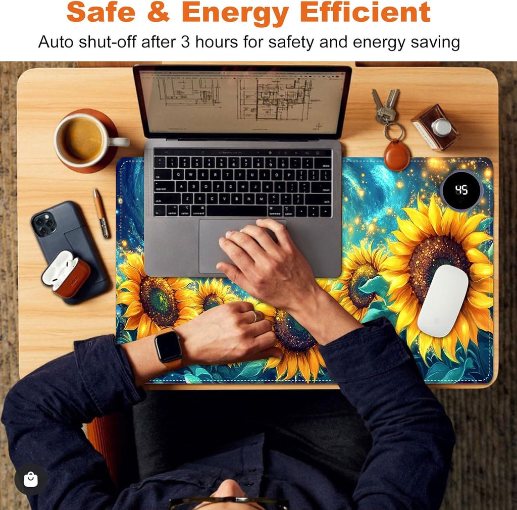 Small Heated Desk Pad 23.6" x 14.2" – Compact Electric Mouse Pad with 3 Heating Levels, Auto Shut-Off, Waterproof PU Surface, Plug-in Warmer for Office or Home Use, Starry Sunflowers
