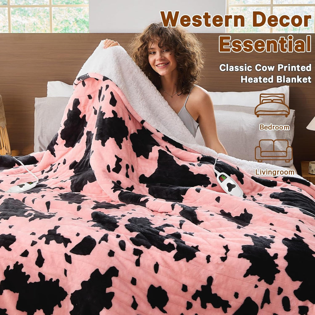 Cow Print Heated Electric Blanket Twin Size,62X84 Light Pink Heating Blanket with 10 Heats Levels & 8 Hours Auto Off,Highland Cow Fleece Sherpa Blankets Warmer Gifts for Women Adults,Washable