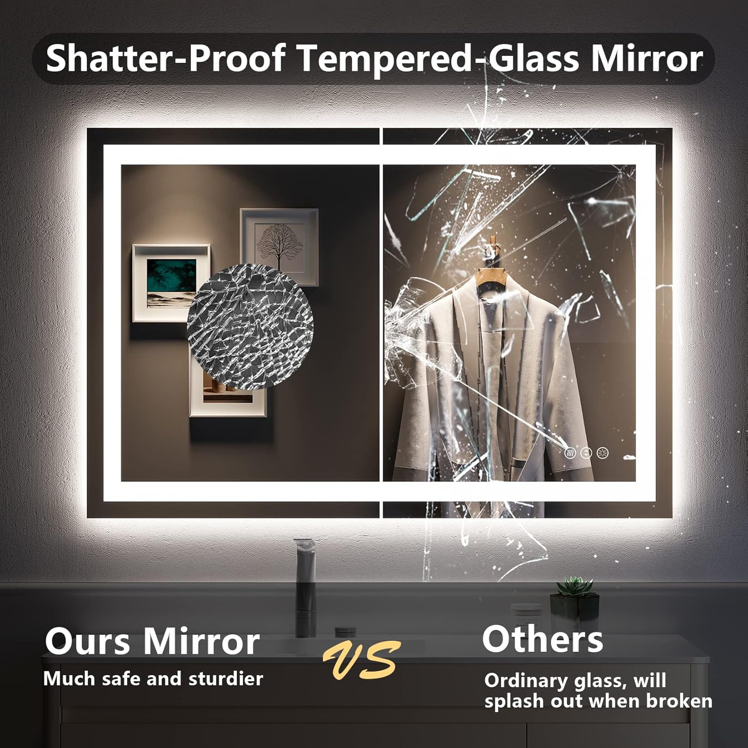 48x32 Inch LED Bathroom Mirror with Lights Front and Backlit Lighted Vanity Mirror for Bathroom Wall with 3 Colors Dimmable Anti-Fog Memory Shatter-Proof IP54 Waterproof Horizontal/Vertical