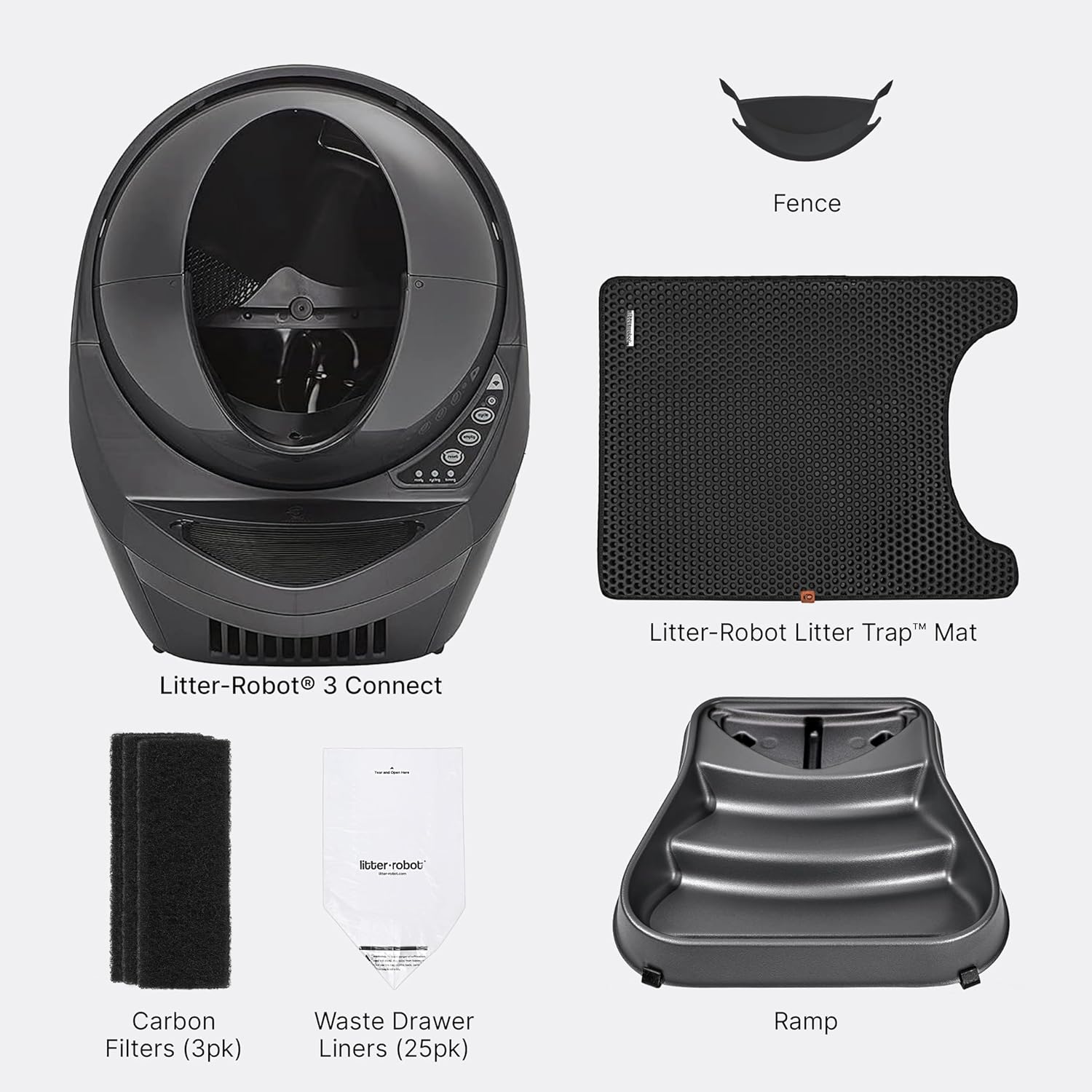 Litter-Robot 3 Connect Core Bundle by Whisker, Grey - Includes Automatic, Self-Cleaning Litter Box, LitterTrap Mat, Fence, Ramp, 25 Liners, 3 Carbon Filters & WhiskerCare 1-Year Warranty