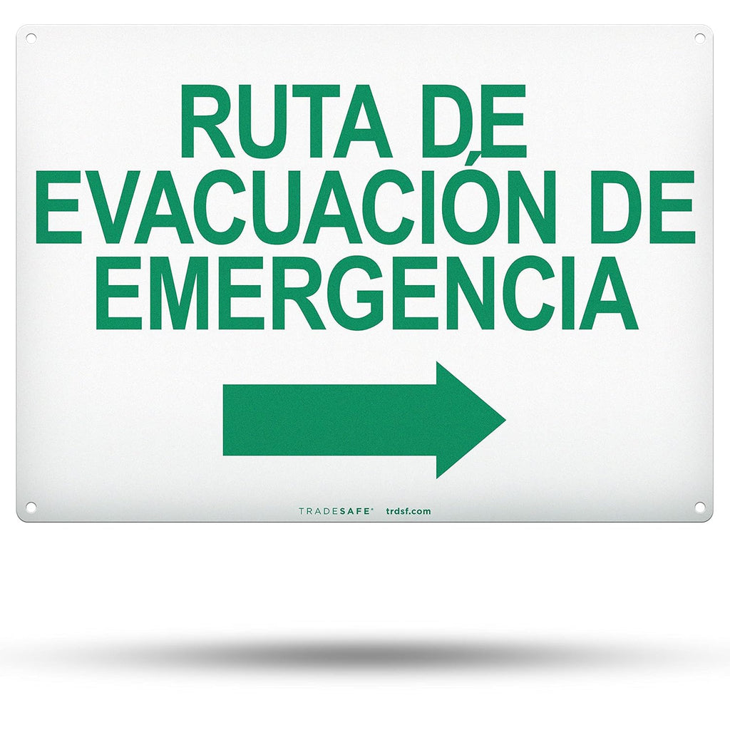 TRADESAFE Emergency Evacuation Route Arrow Right Sign – Ruta De Evacuación De Emergencia Spanish Sign, Quick Install, Light Reflective, UV-Resistant, Waterproof, 14” X 10” Aluminum Safety Signs
