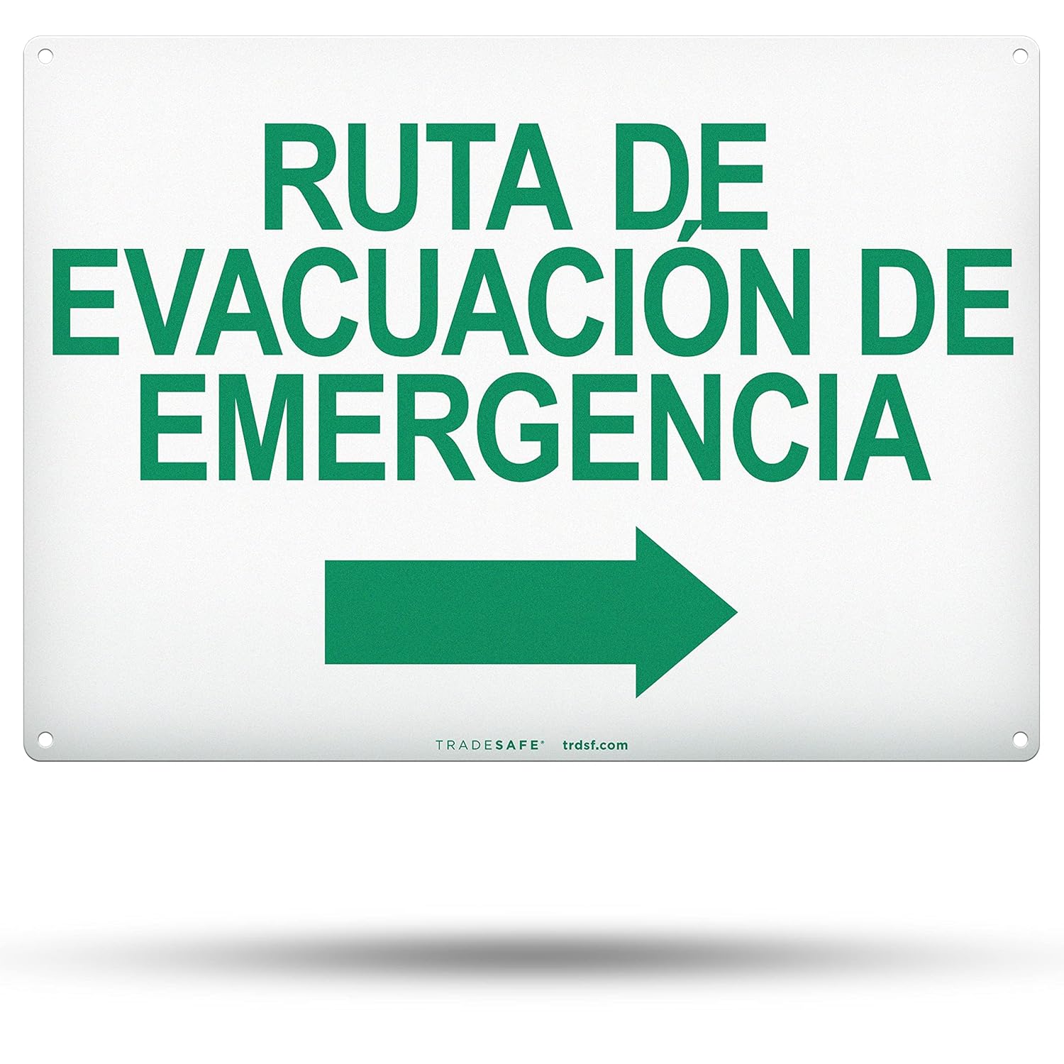 TRADESAFE Emergency Evacuation Route Arrow Right Sign – Ruta De Evacuación De Emergencia Spanish Sign, Quick Install, Light Reflective, UV-Resistant, Waterproof, 14” X 10” Aluminum Safety Signs